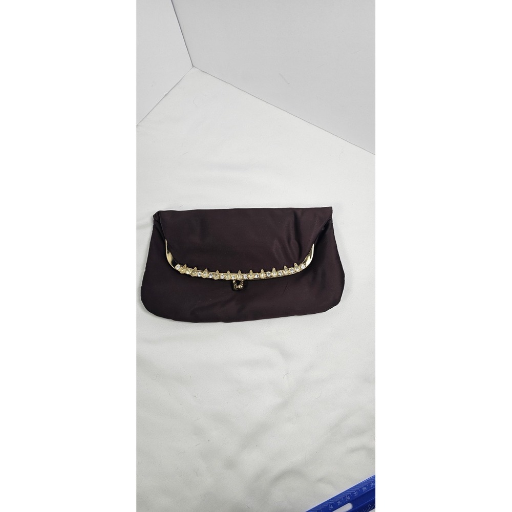 Vintage Satin Evening Clutch Purse Rhinestone Gold Frame Brown Formal Bag‎